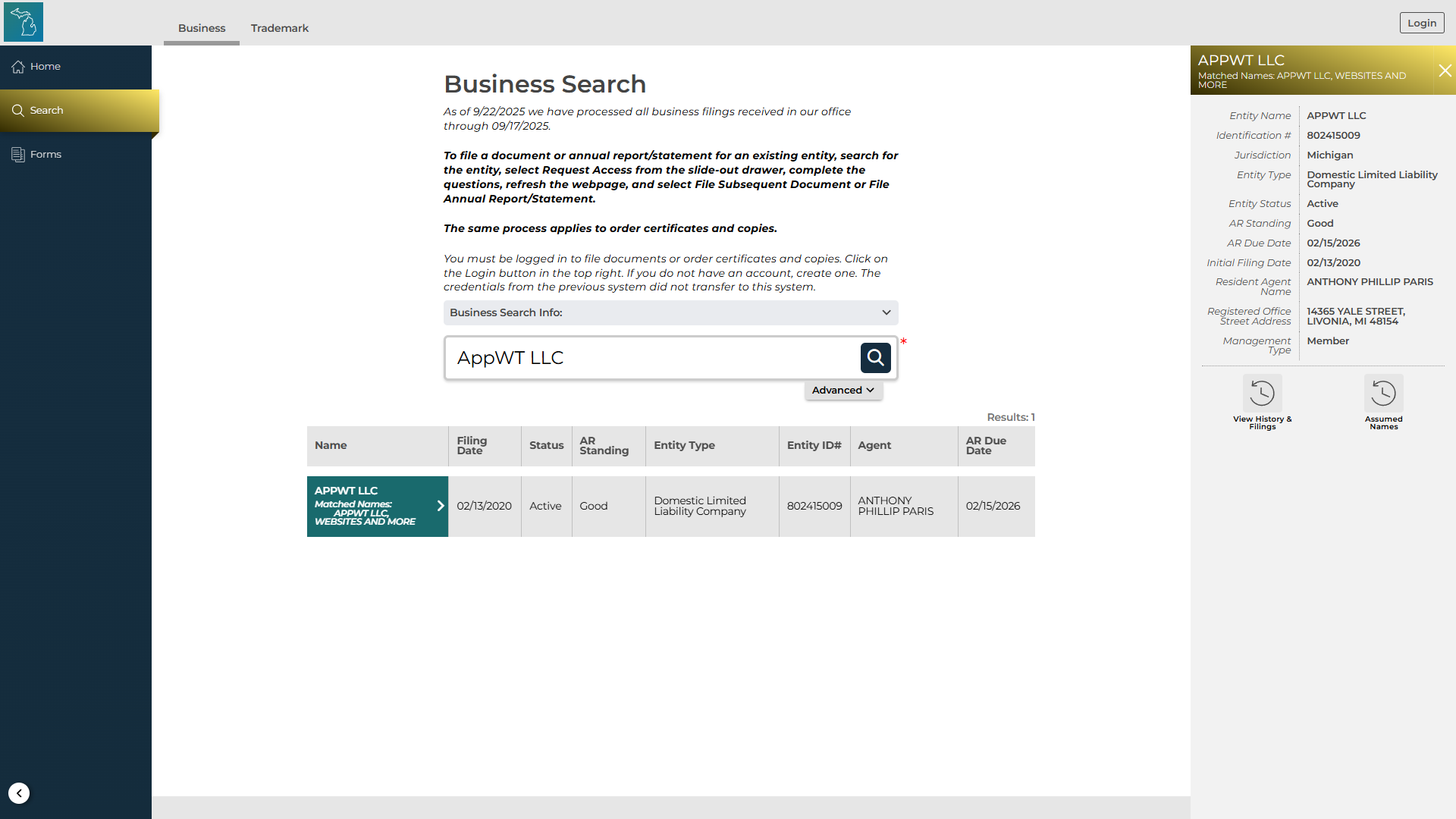 Michigan LARA Business Registration Proof