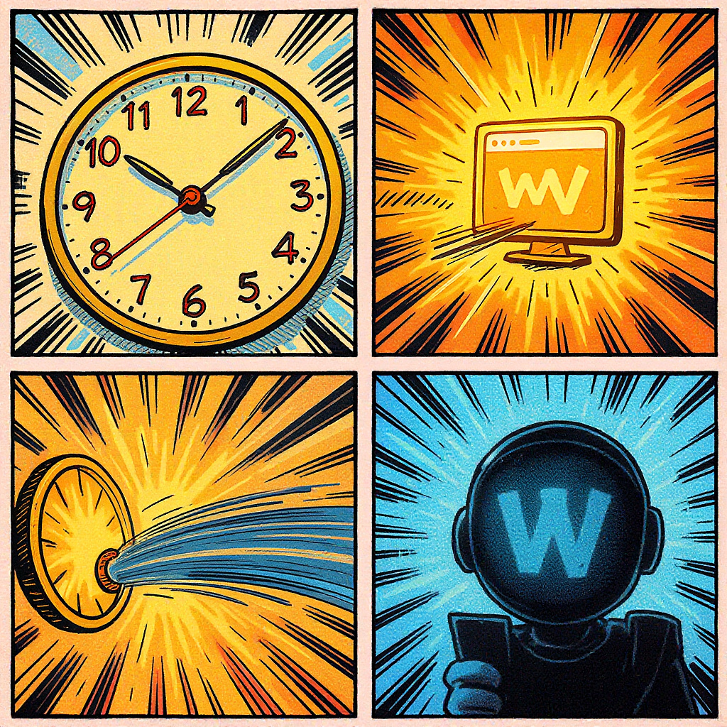 Clock showing rapid progress with website screens in various stages