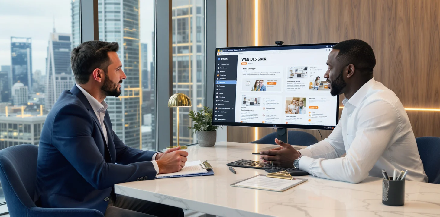 Business owner interviewing web designer in professional office setting