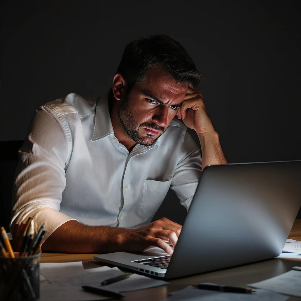 Frustrated business owner looking at broken website on laptop