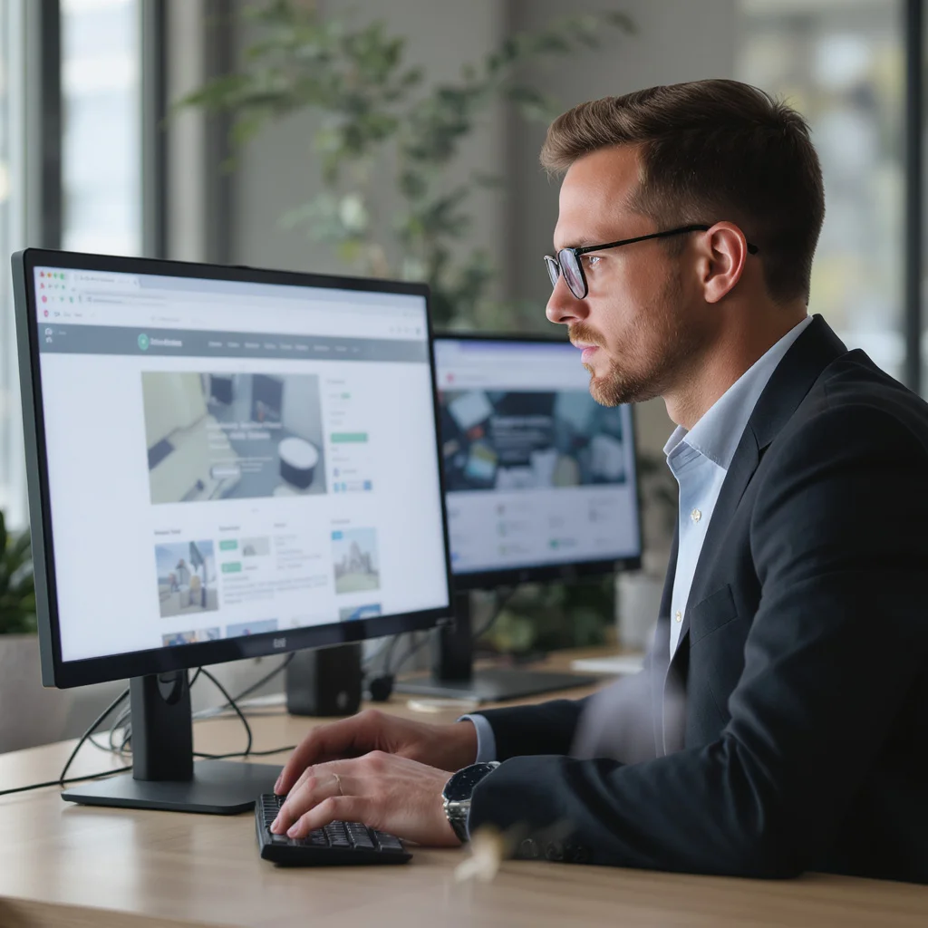 Frustrated business owner looking at broken website on laptop