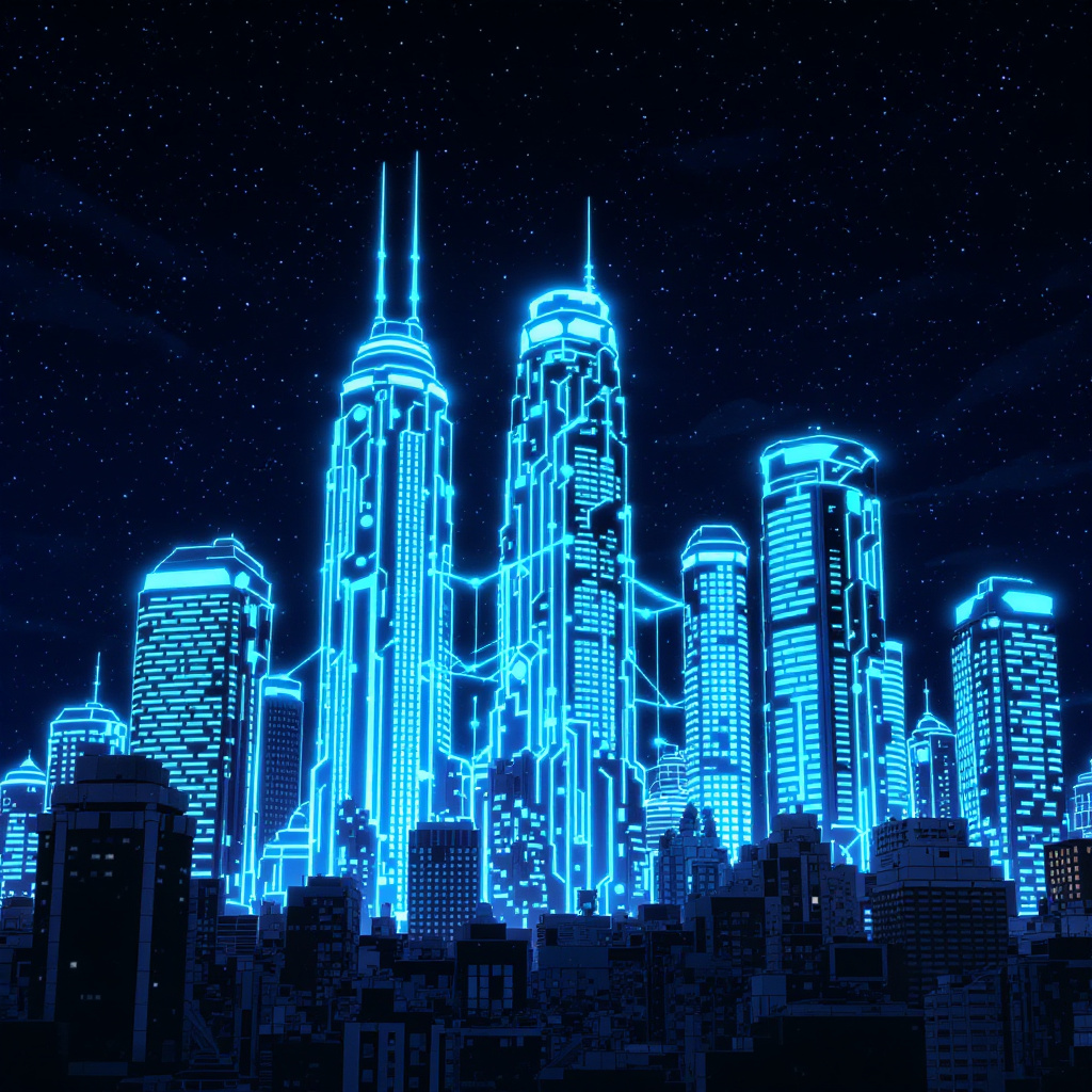 Detroit Renaissance Center skyline with AI network overlay