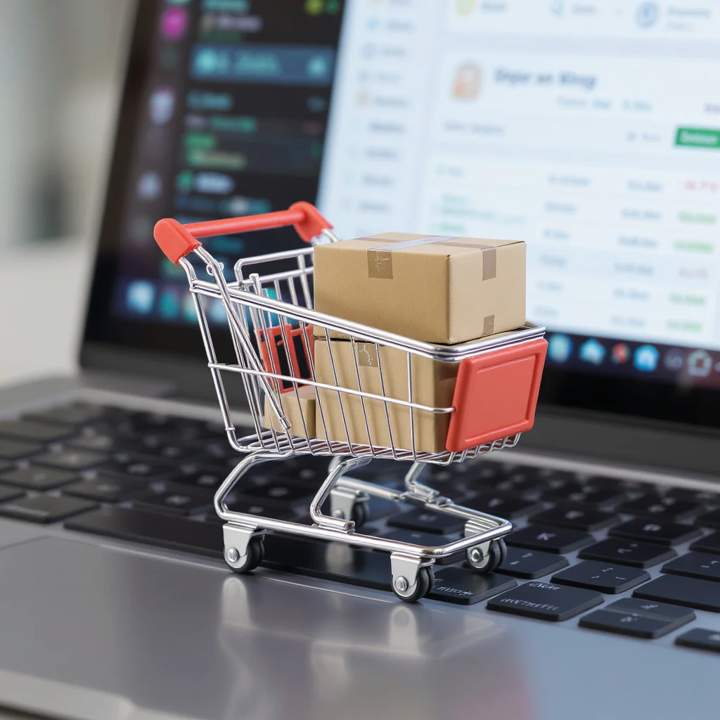 Miniature shopping cart with cardboard boxes on laptop computer keyboard representing online order management