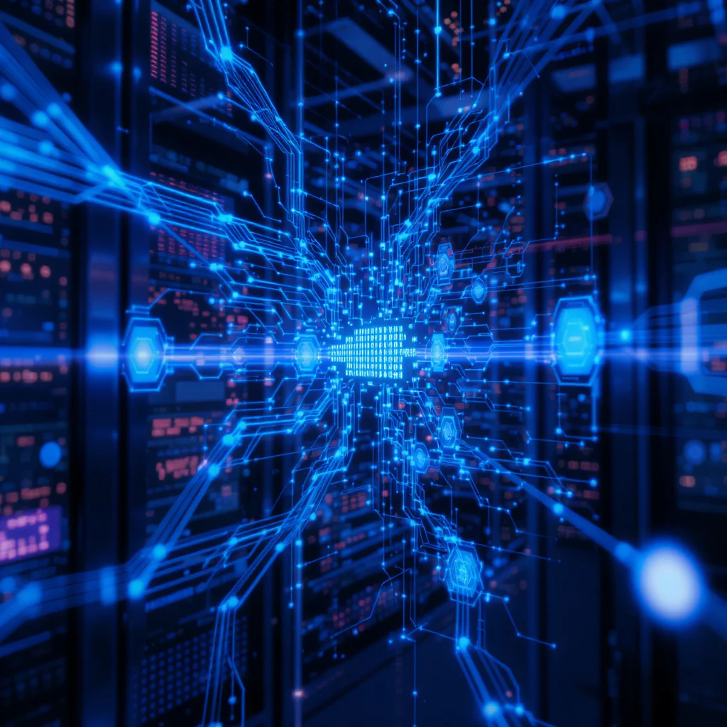 Fiber optics and digital data flow visualization representing e-commerce network infrastructure