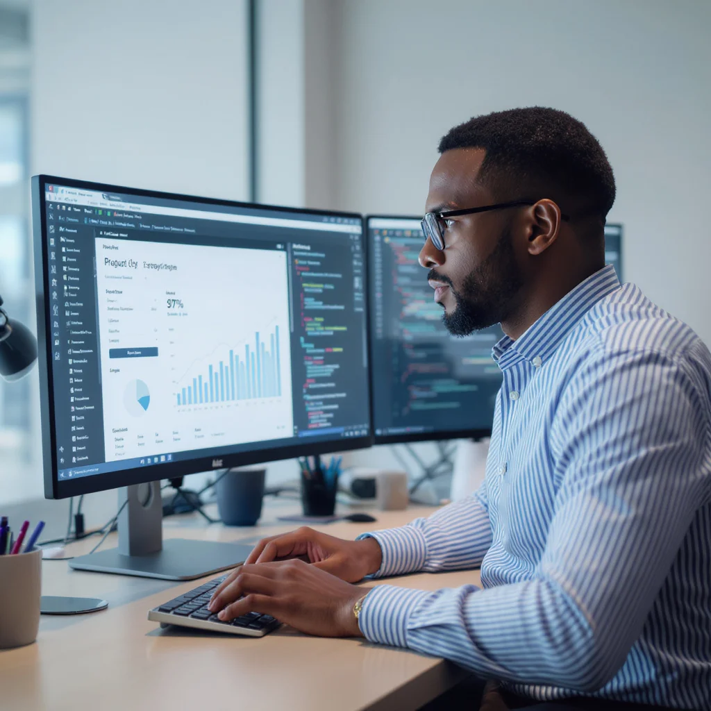 Software developer programming e-commerce platform code with product data analysis visible on modern computer screen