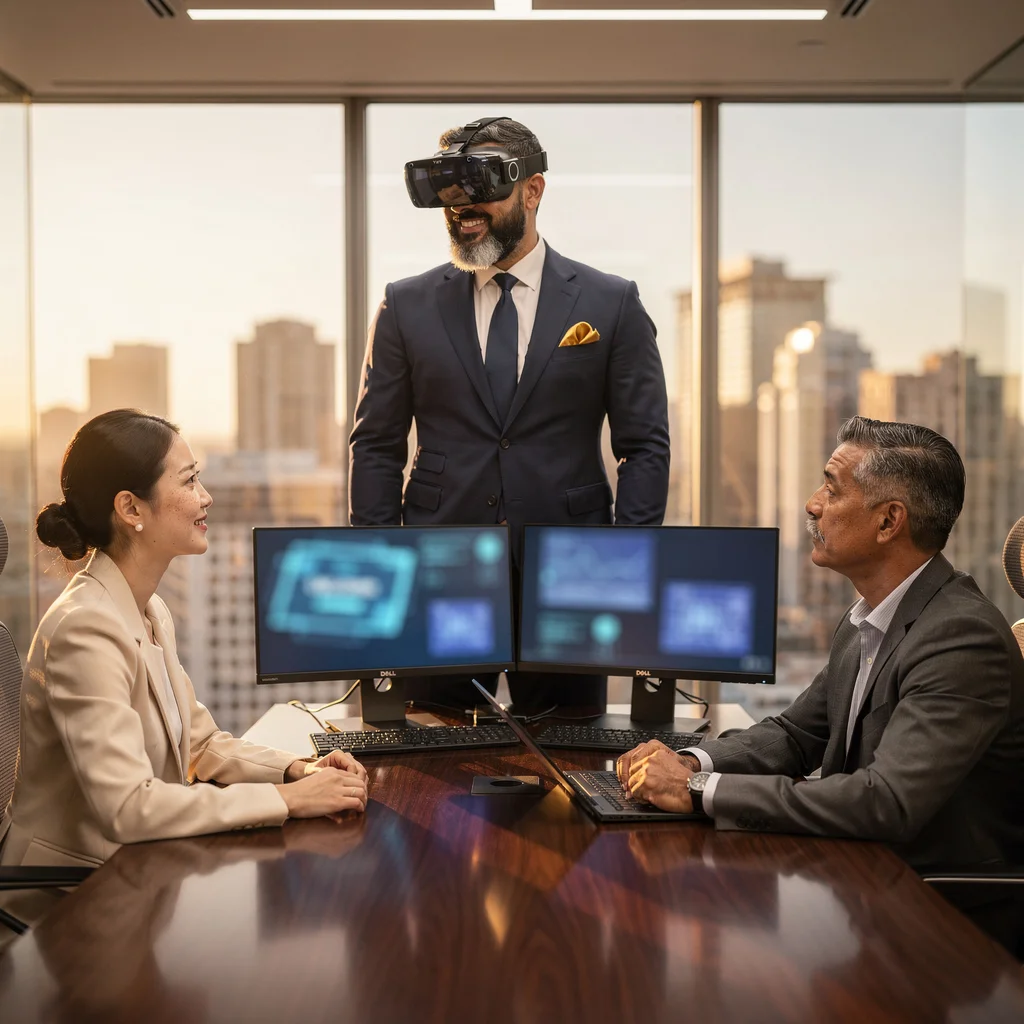 Professionals using advanced technology in an office setting, representing how AI assistants help patients find and evaluate healthcare providers