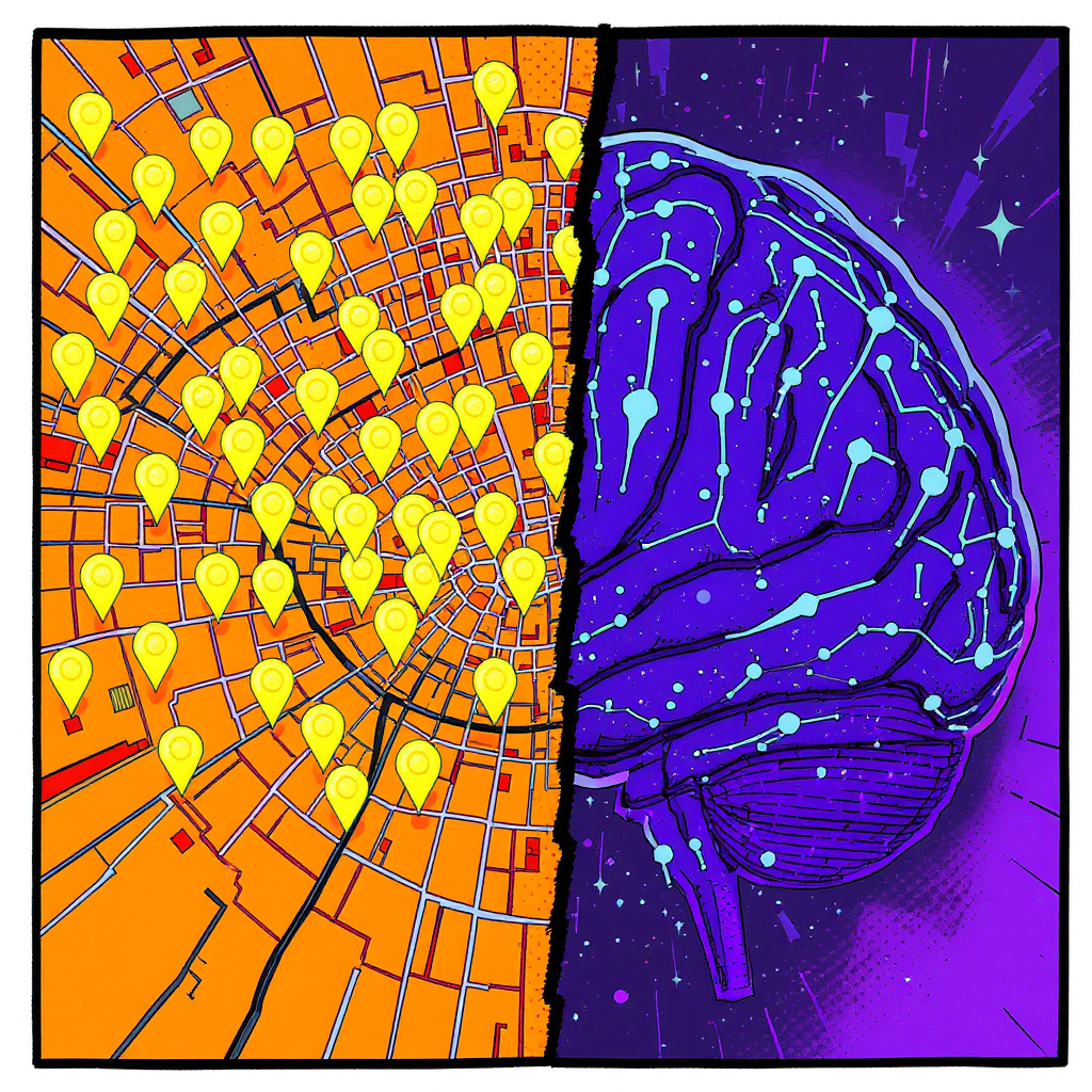 Map with digital pins and AI recommendation bubbles