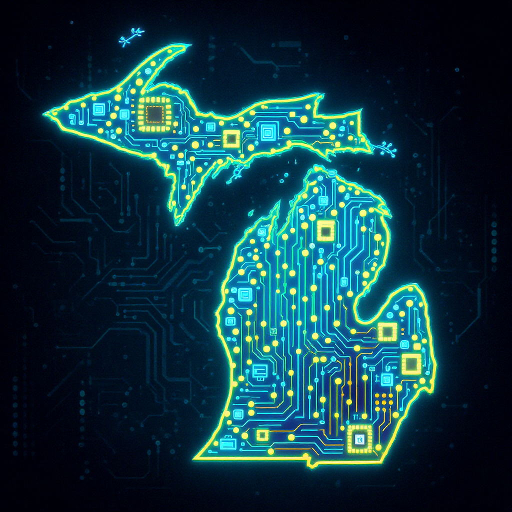 Aerial view of downtown Detroit skyline with digital network overlay