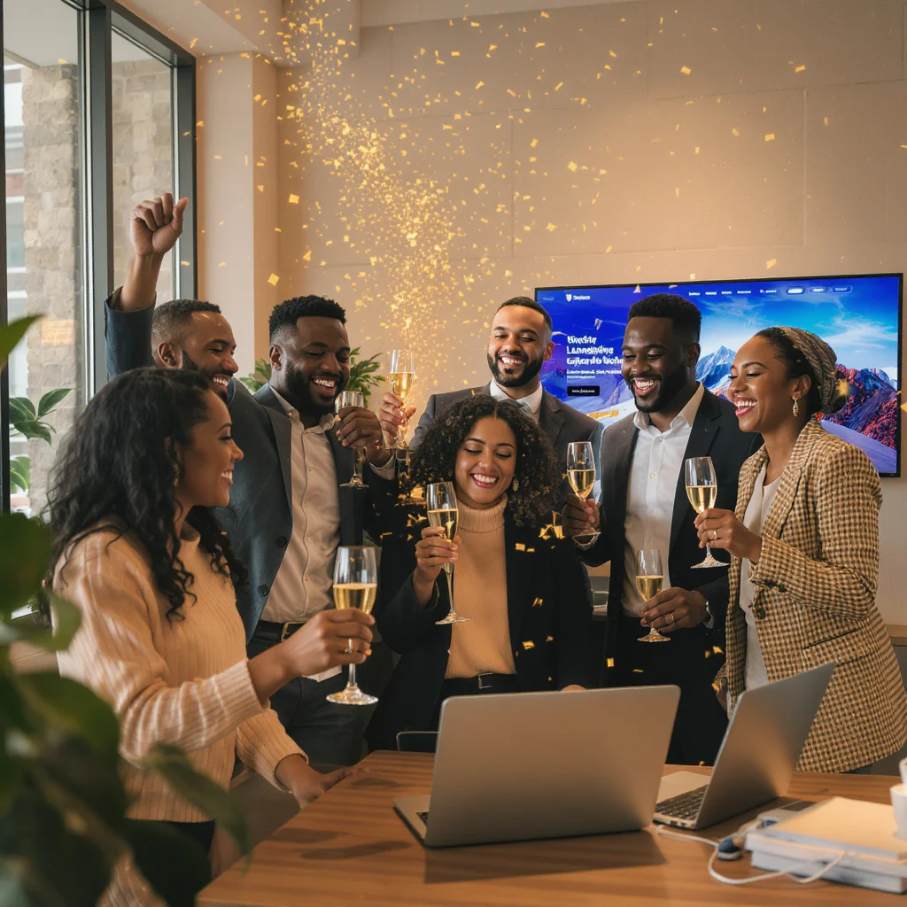 Business team celebrating new website launch with modern devices