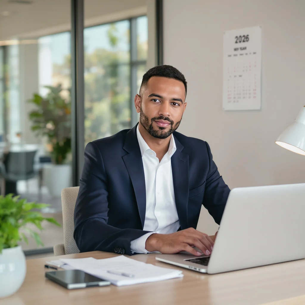 Business team celebrating new website launch with modern devices