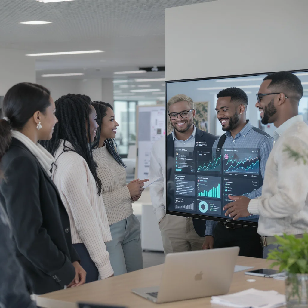 Business professionals analyzing structured data on large screen display in modern tech office