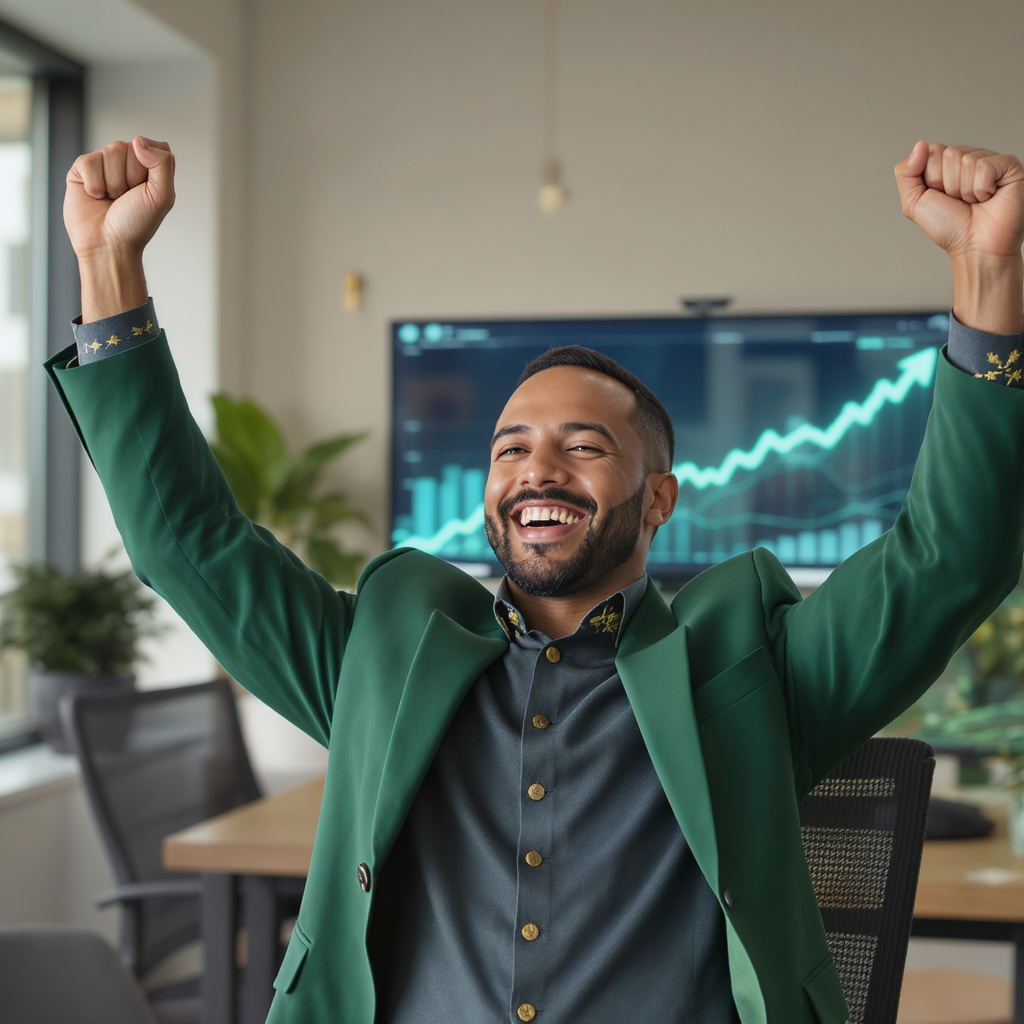 Happy business owner reviewing positive ROI report on tablet