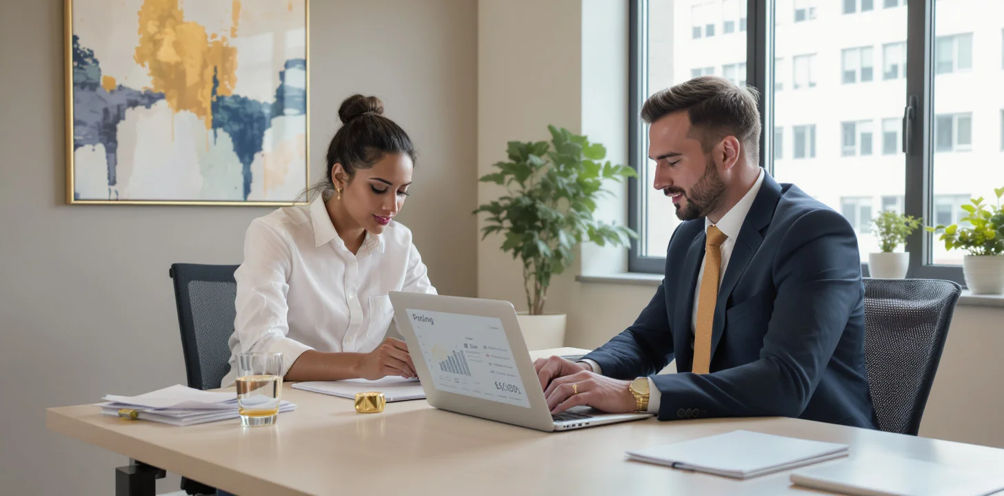 Professional consultation discussing website pricing in modern Michigan office