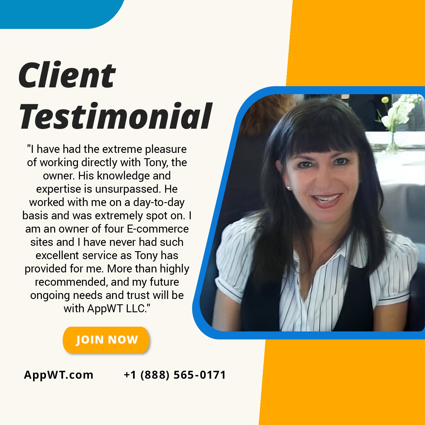 Client testimonial from Musette Lax: I have had the extreme pleasure of working directly with Tony, the owner. His knowledge and expertise is unsurpassed.