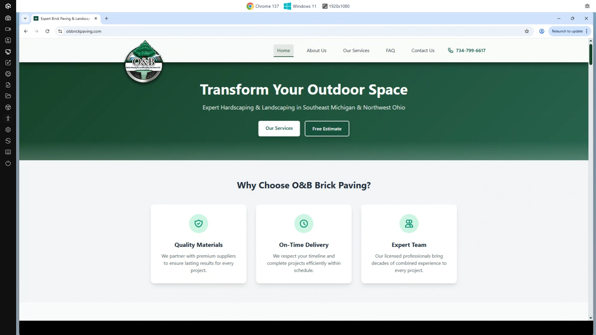 Obbrickpaving.com On A 1920x1080 Screen Running Windows 11 Using Google Chorme