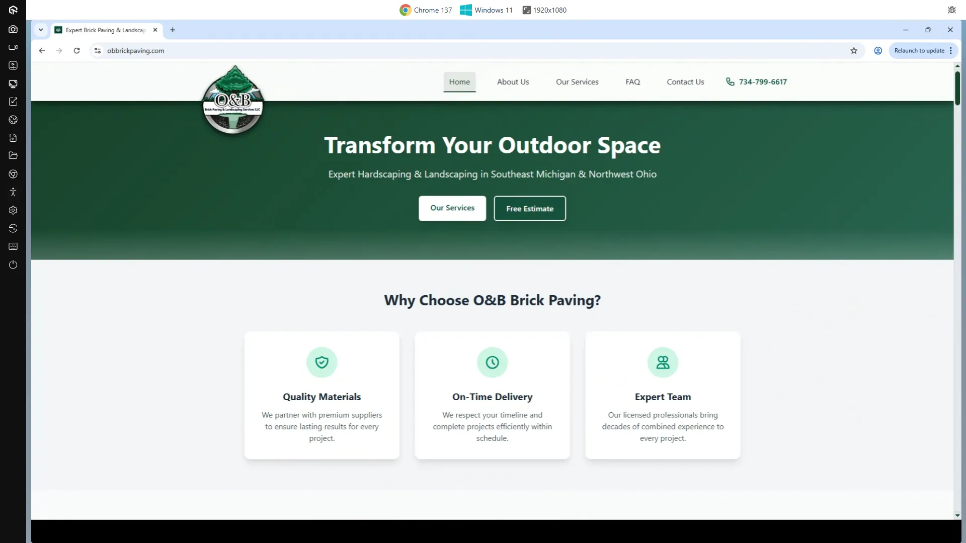 Obbrickpaving.com On A 1920x1080 Screen Running Windows 11 Using Google Chorme