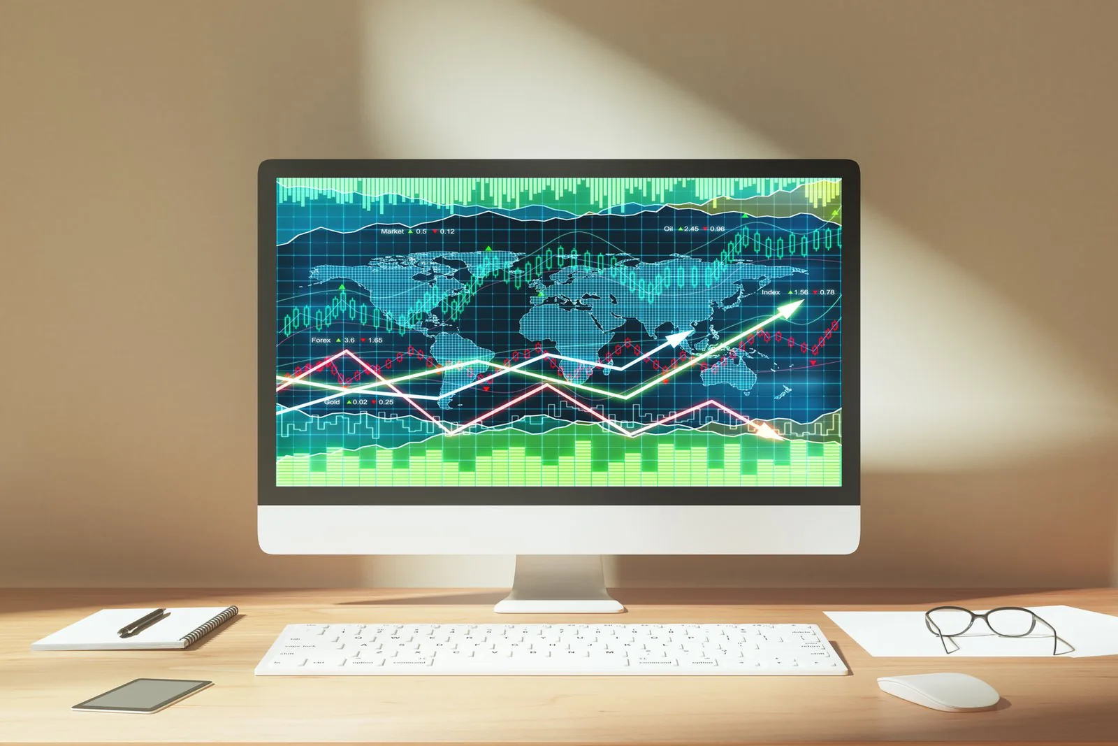 Computer monitor shows a world map with colorful financial charts on a wooden desk with keyboard, mouse, notebook, phone, and glasses.