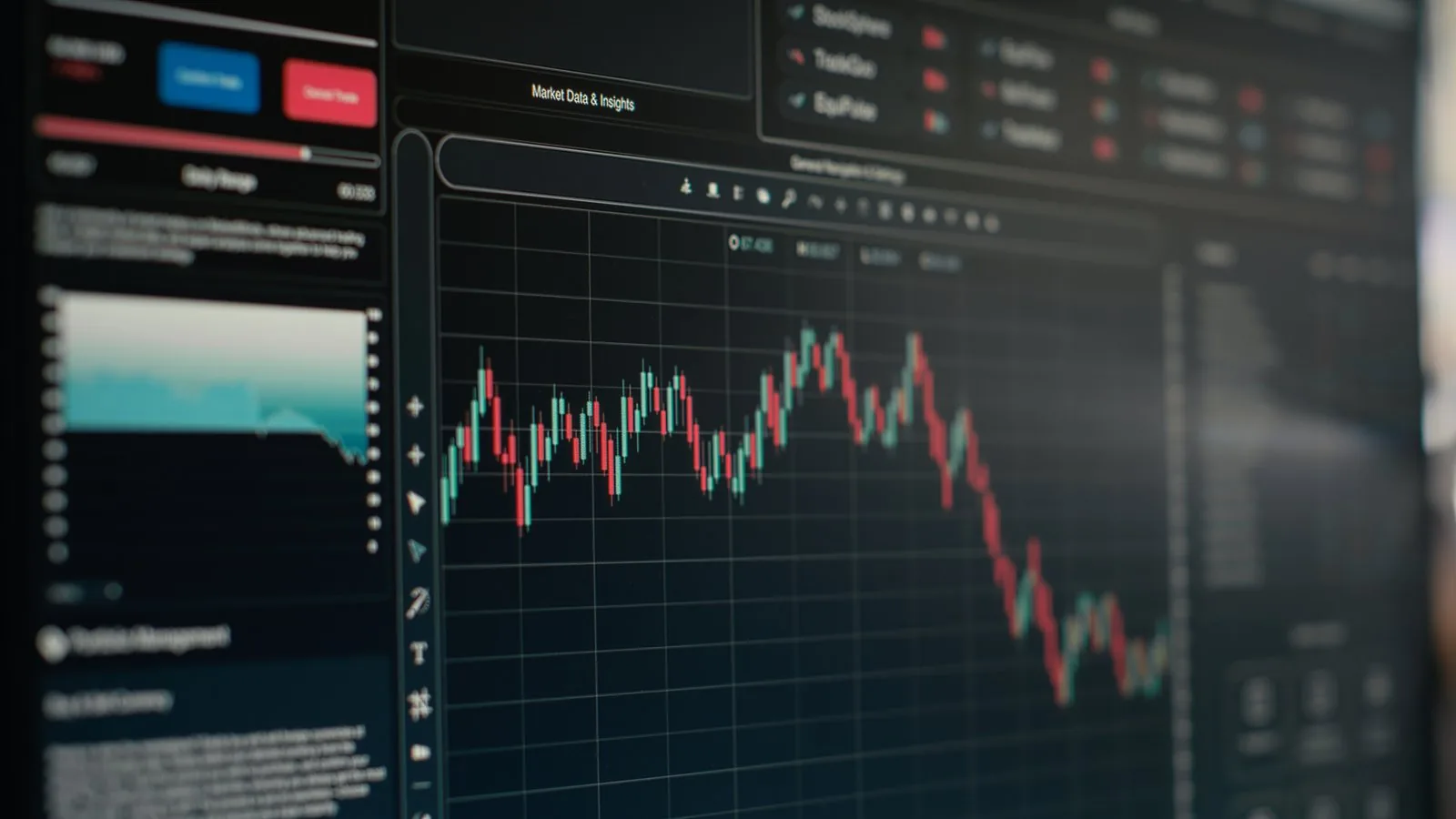 A computer screen shows a red and green candlestick chart with side panels and buttons.
