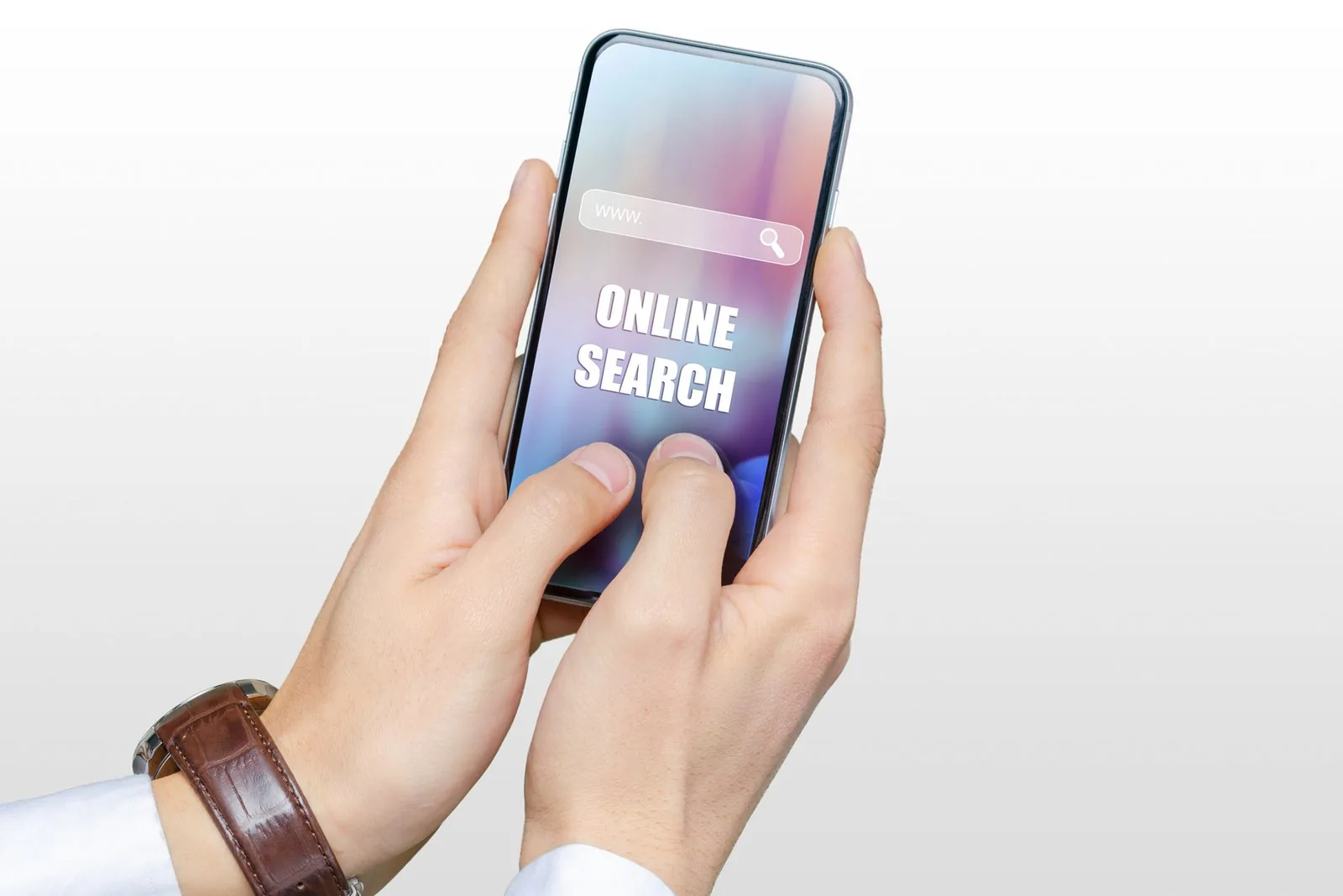 Two hands hold a smartphone showing a search bar and the words ONLINE SEARCH.