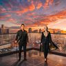 AI-generated AppWT theme song art: two singers in black and gold on a rooftop above the Detroit skyline at sunset